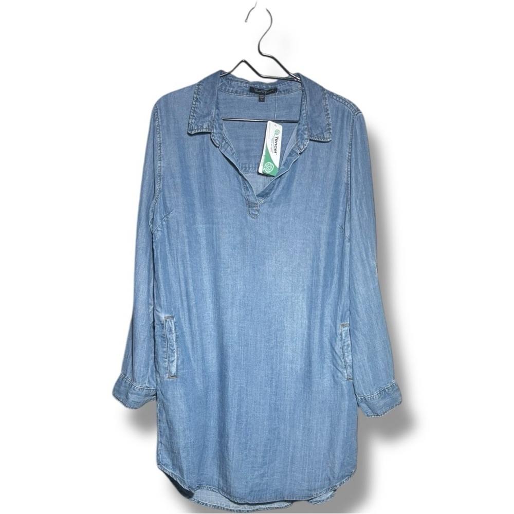 Velvet Heart NWT Blue Denim Cuffed Sleeve Collared Loose V-Neck Mini Shirt Dress - Picture 11 of 16